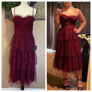 Lulus Sweetheart Style Burgundy Polka Dot Bustier Tiered Midi Dress